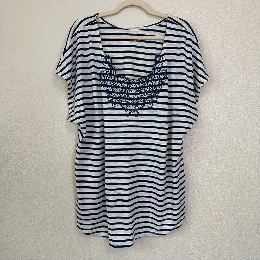 Lane Bryant Blue White Striped Embroidered Short Sleeves Top, Size 22/24